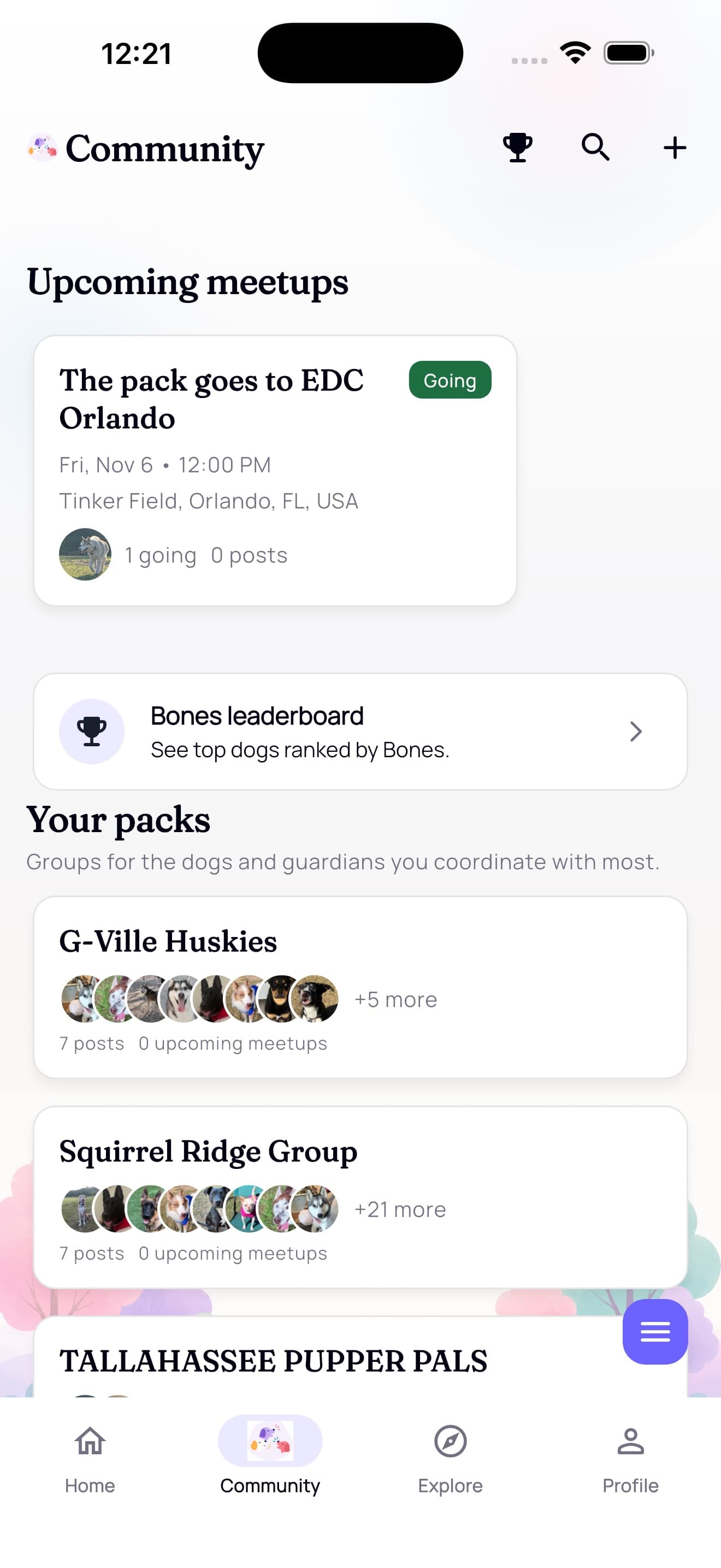 PawPack Community showing upcoming meetups and local Packs