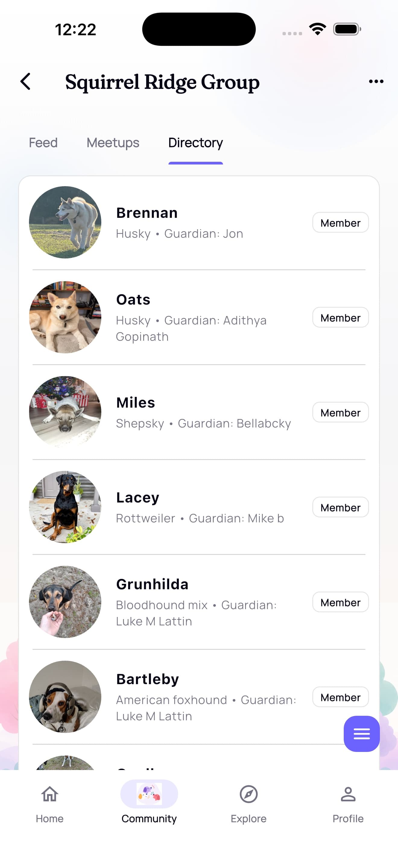 The Squirrel Ridge Group directory in PawPack, with dogs’ names and profile photos