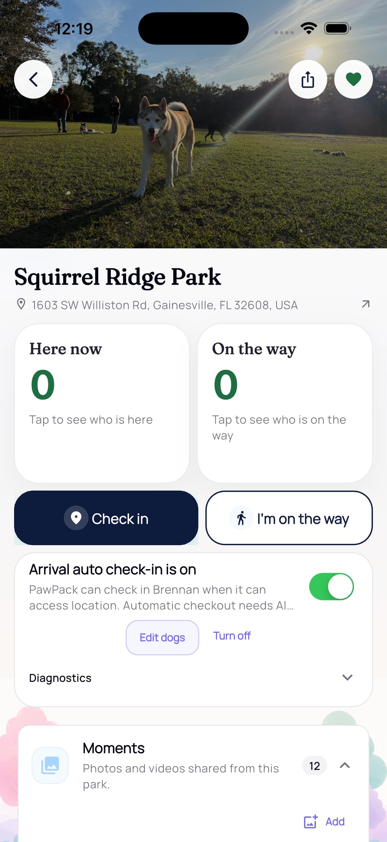 PawPack park detail showing Squirrel Ridge, Here now, On the way, and the check-in controls